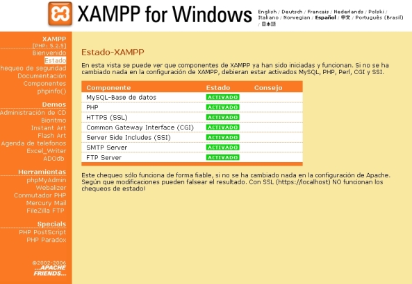 XAMPP - Componentes instalados